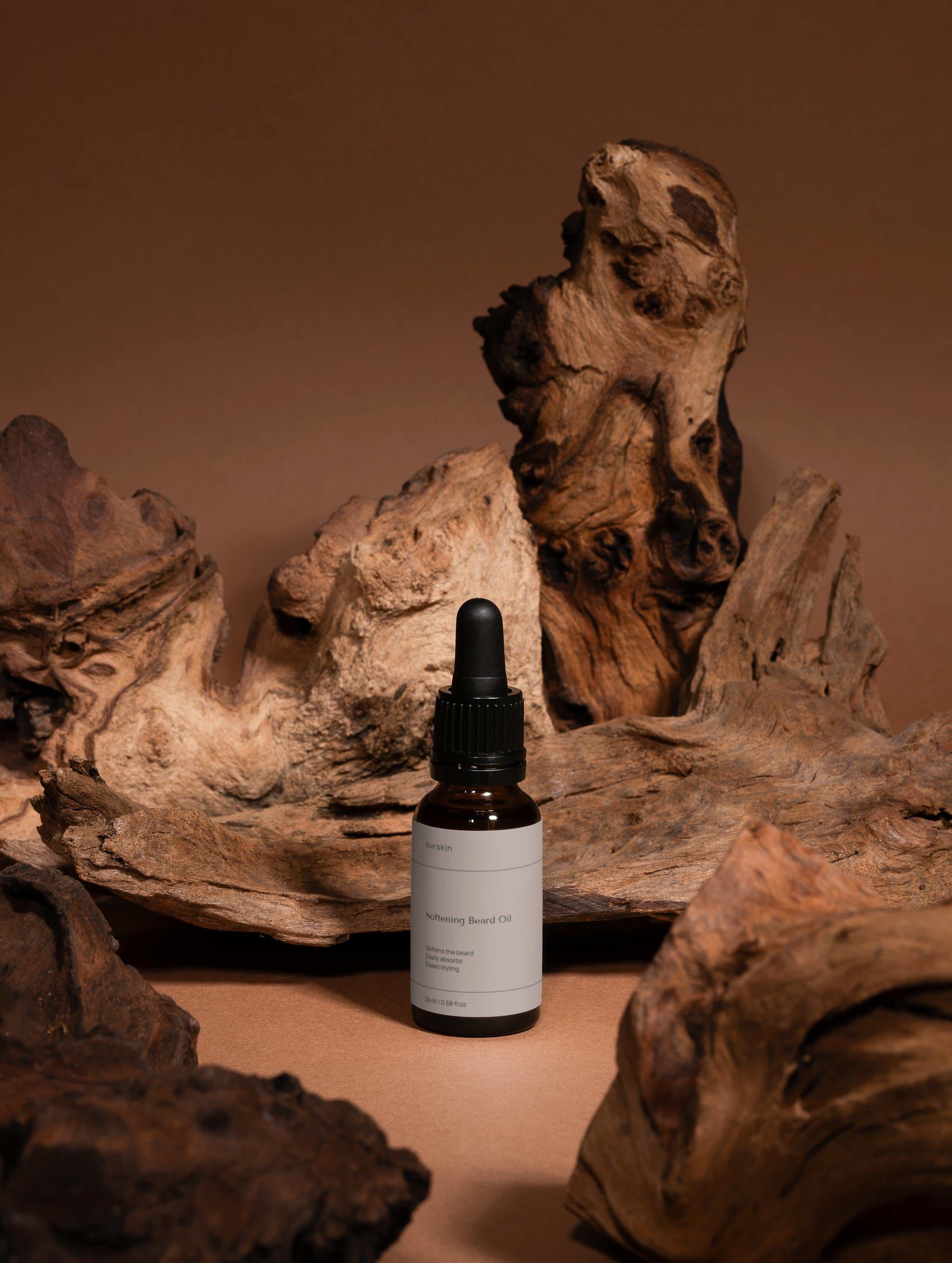 Bottle of softening beard oil with natural ingredients for smooth, conditioned beard and calming skin care